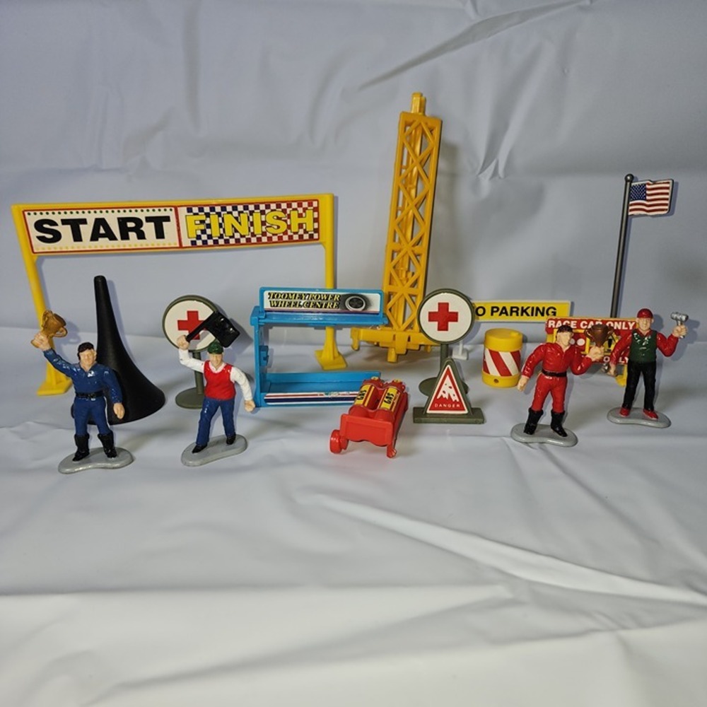 Vintage Boley Race car drivers Figures Mechanics Flags Signs Toy Lot 1999